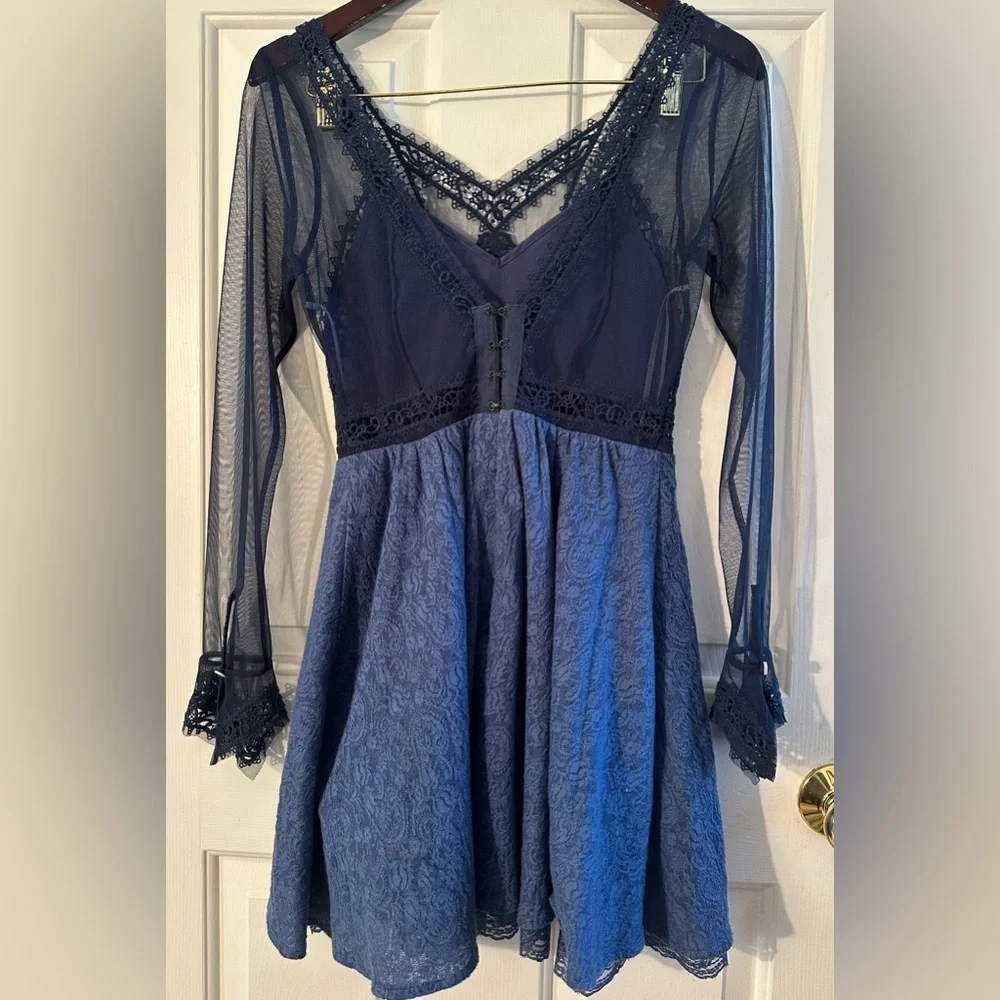 FREE PEOPLE Fairy Feminine Rave Whimsigoth Sz 2 Blue Holiday Sheer Mini Dress - Picture 13 of 16